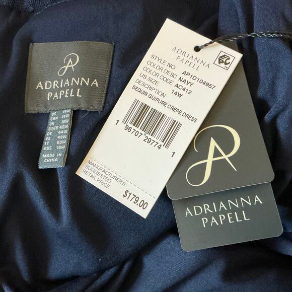 Adrianna Papell Sequined Lace Sheath Boat Neck Cocktail Dress Navy Blue Size 14W - Picture 11 of 13